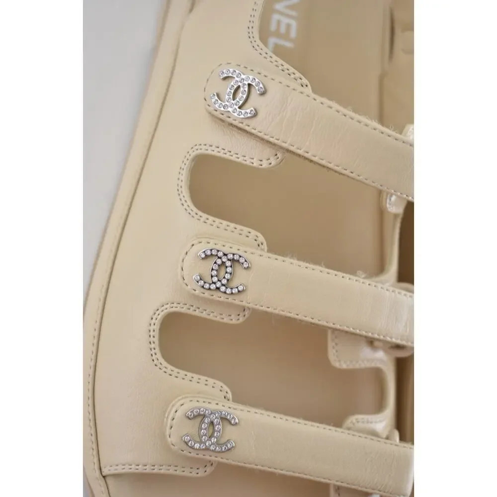 Chanel 24S Beige Leather Triple Strap CC Logo Mule Slide Teva Dad Sandal Flat 41